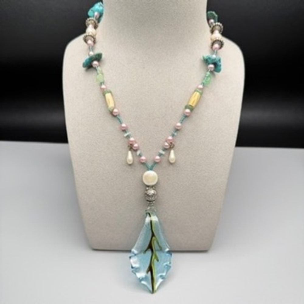 Vintage Handmade Beaded Pendant Necklace Turquoise Nugget Pastel Blue Pink 19"